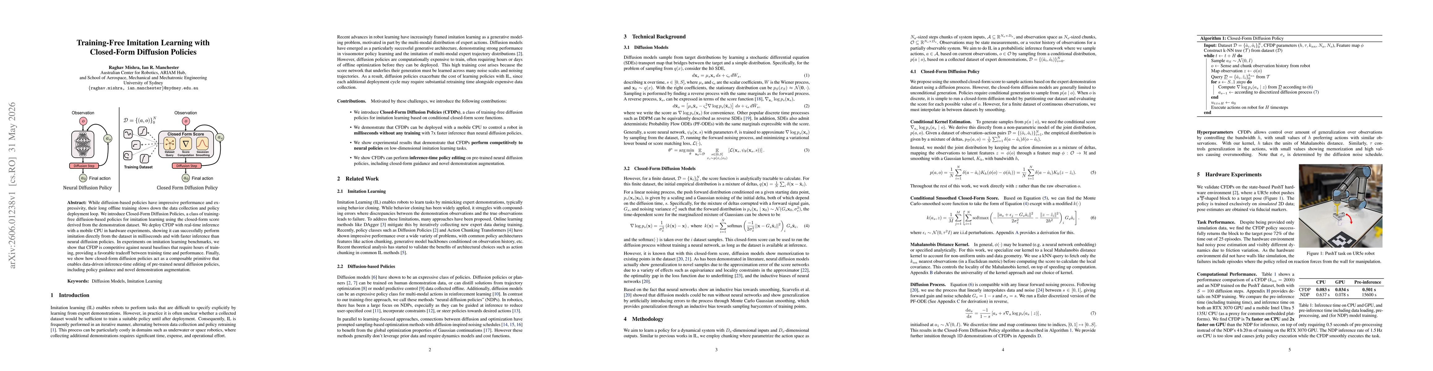 Thumbnail for Training-Free Imitation Learning with Closed-Form Diffusion Policies