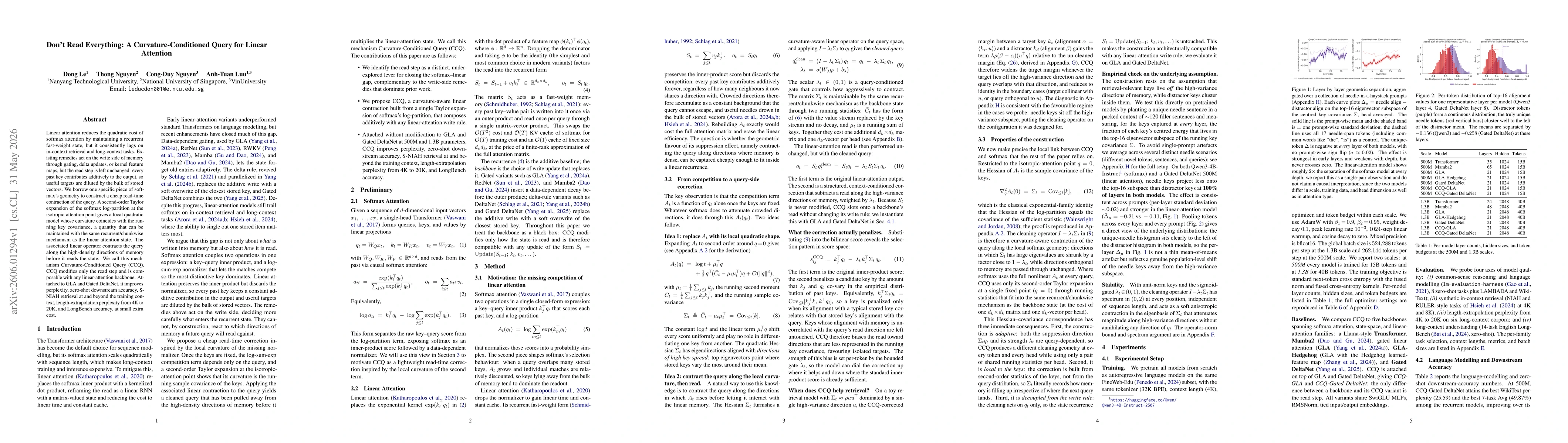 Thumbnail for Don't Read Everything: A Curvature-Conditioned Query for Linear Attention