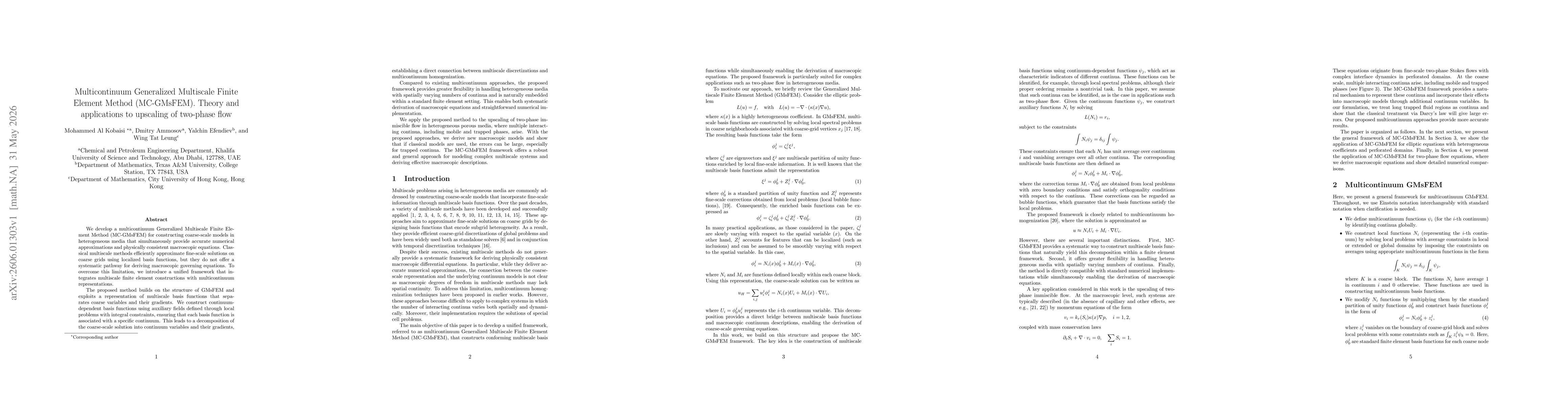 Thumbnail for Multicontinuum Generalized Multiscale Finite Element Method (MC-GMsFEM). Theory and applications to upscaling of two-phase flow