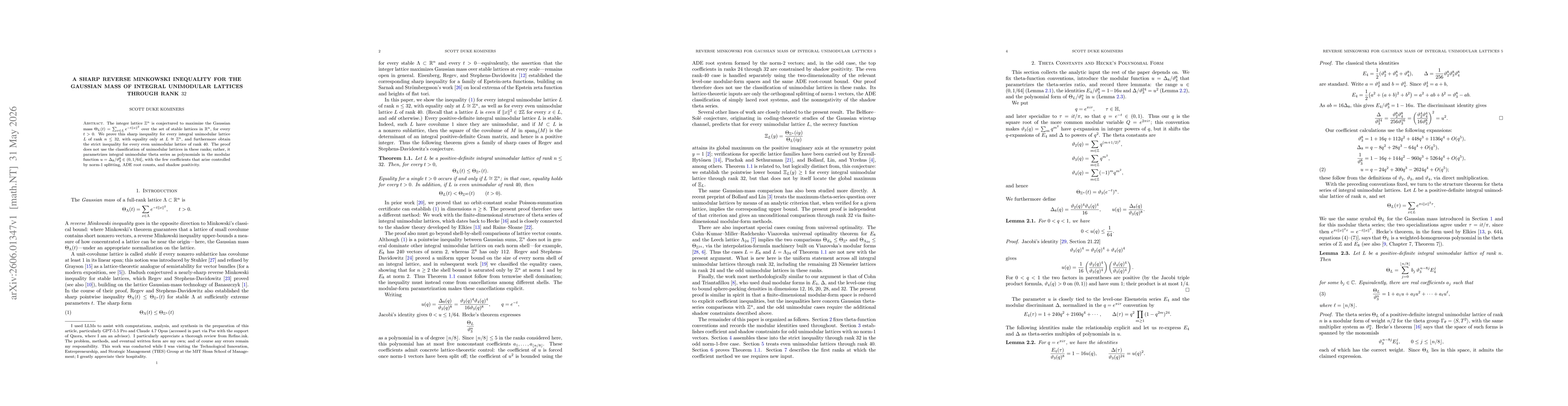 Thumbnail for A Sharp Reverse Minkowski Inequality for the Gaussian Mass of Integral Unimodular Lattices Through Rank $32$