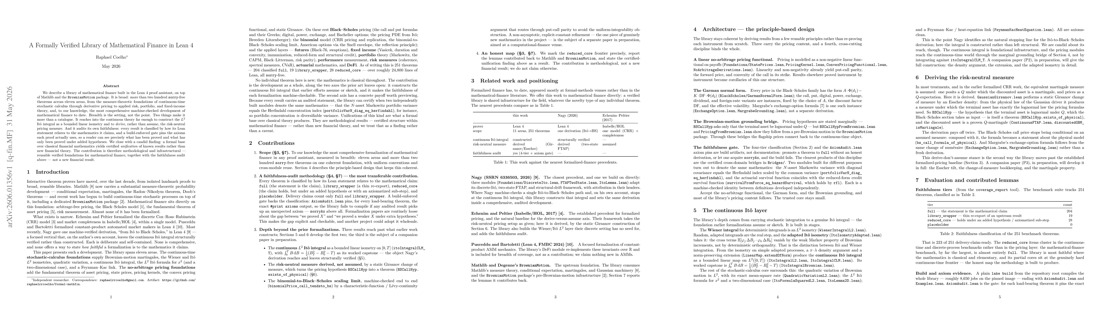 Thumbnail for A Formally Verified Library of Mathematical Finance in Lean 4