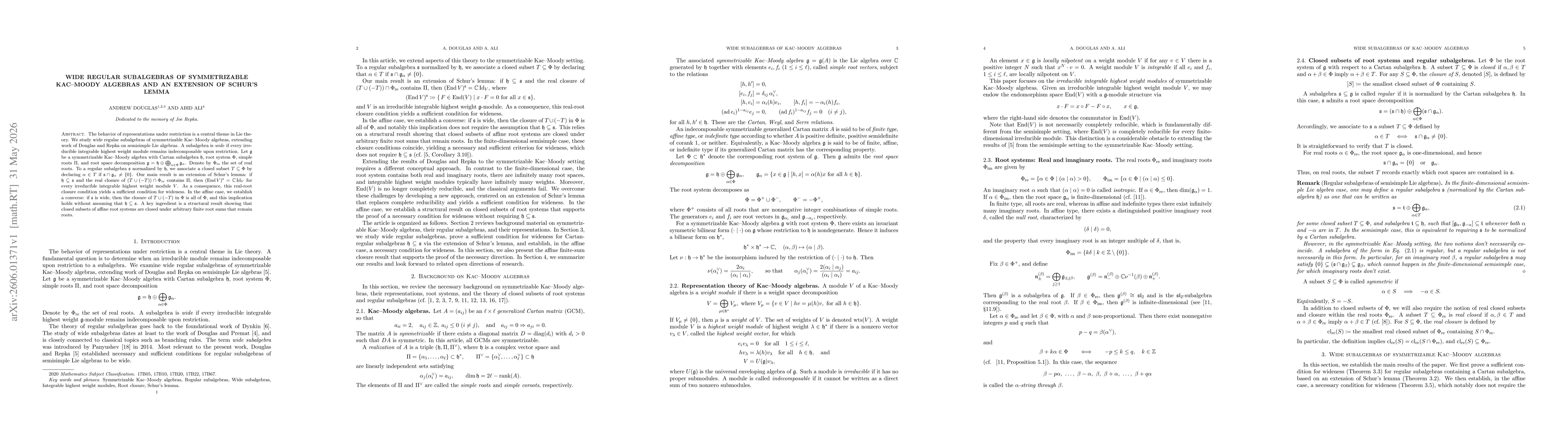 Thumbnail for Wide Regular Subalgebras of Symmetrizable Kac-Moody Algebras and an Extension of Schur's Lemma