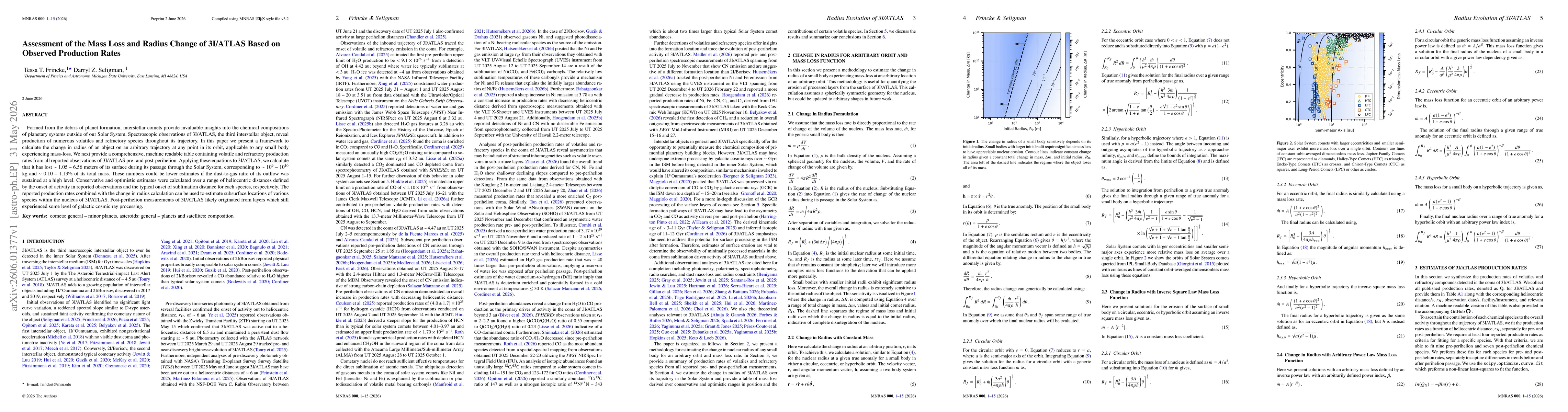 Thumbnail for Assessment of the Mass Loss and Radius Change of 3I/ATLAS Based on Observed Production Rates