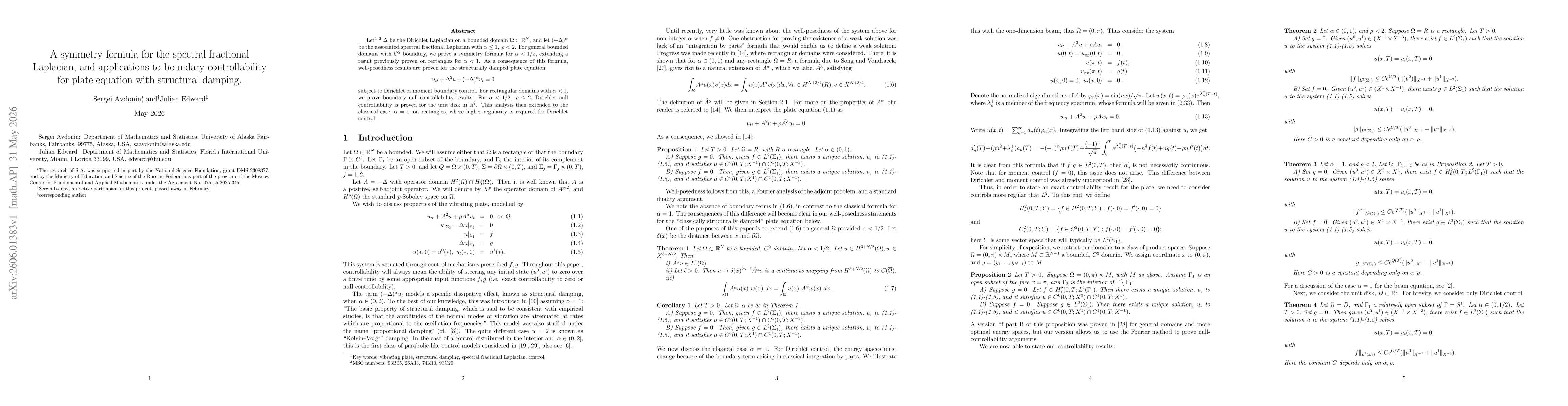 Thumbnail for A symmetry formula for the spectral fractional Laplacian, and applications to boundary controllability for plate equation with structural damping