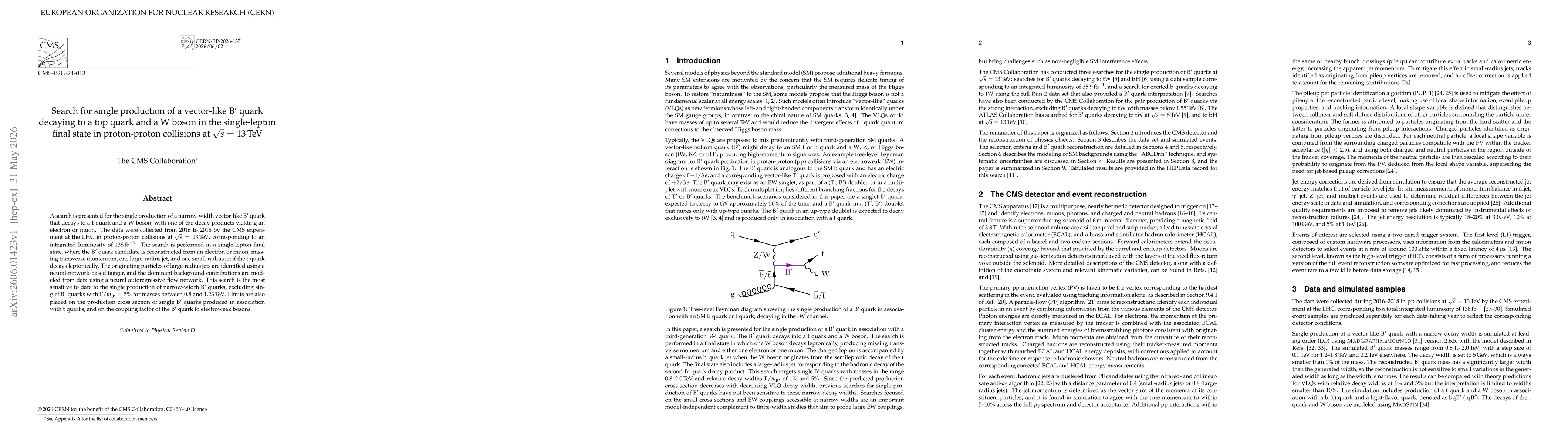 Thumbnail for Search for single production of a vector-like B' quark decaying to a top quark and a W boson in the single-lepton final state in proton-proton collisions at $\sqrt{s}$ = 13 TeV