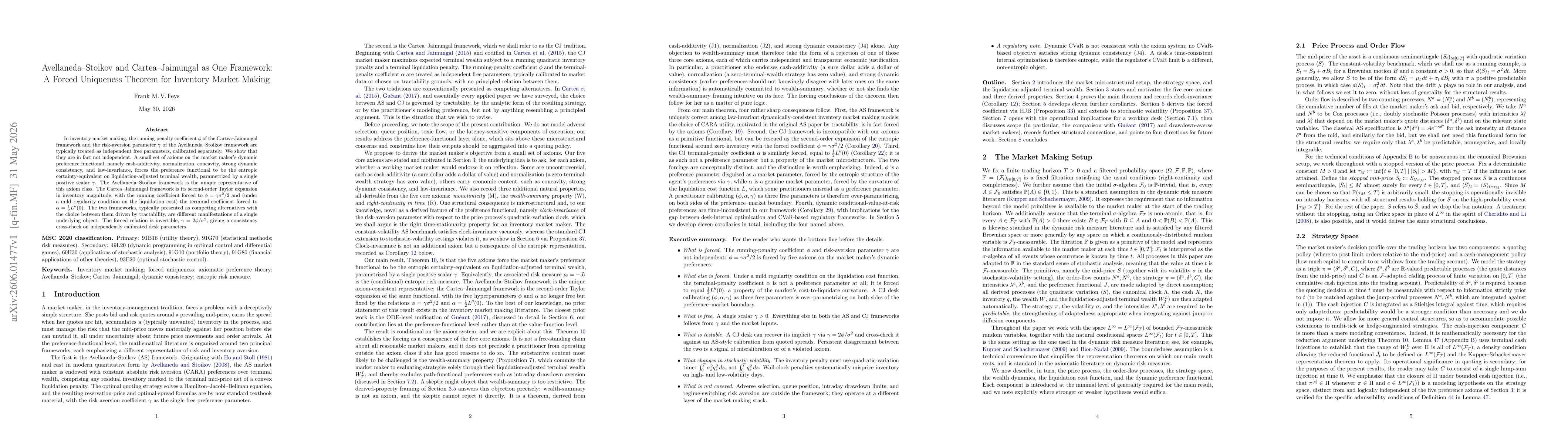 Thumbnail for Avellaneda-Stoikov and Cartea-Jaimungal as One Framework: A Forced Uniqueness Theorem for Inventory Market Making