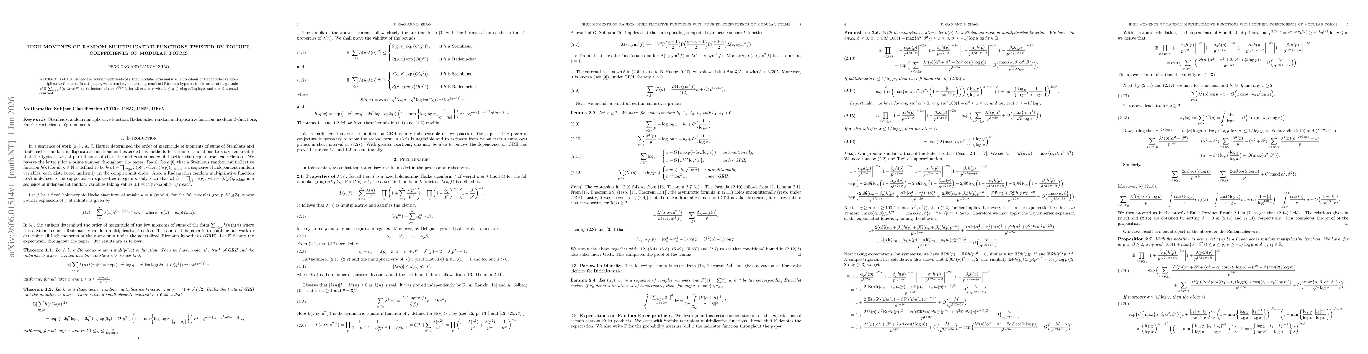 Thumbnail for High moments of random multiplicative functions twisted by Fourier coefficients of modular forms