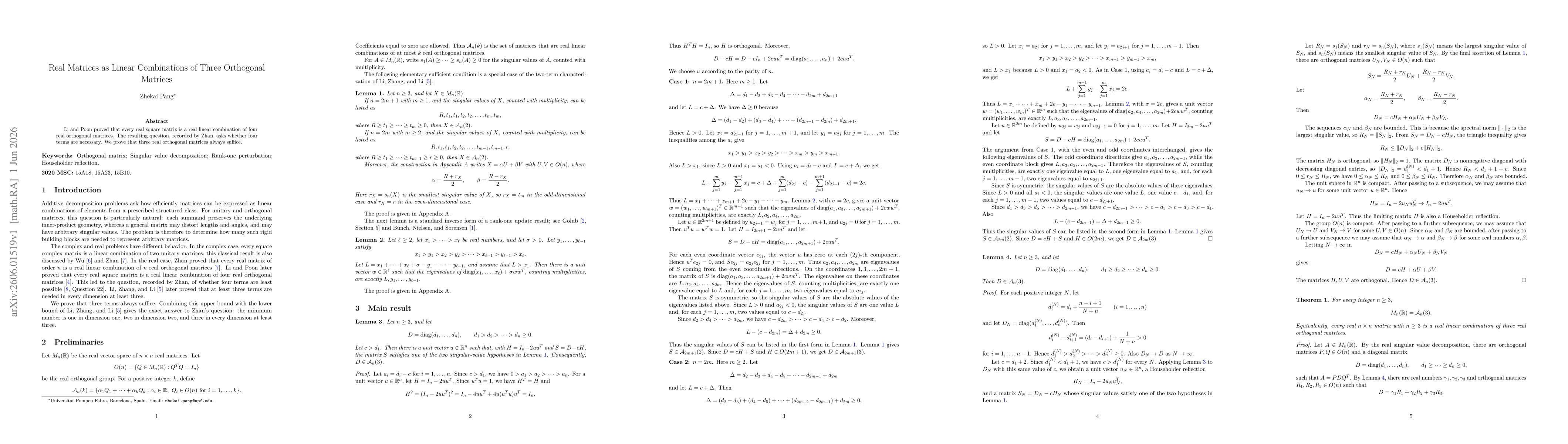 Thumbnail for Real Matrices as Linear Combinations of Three Orthogonal Matrices