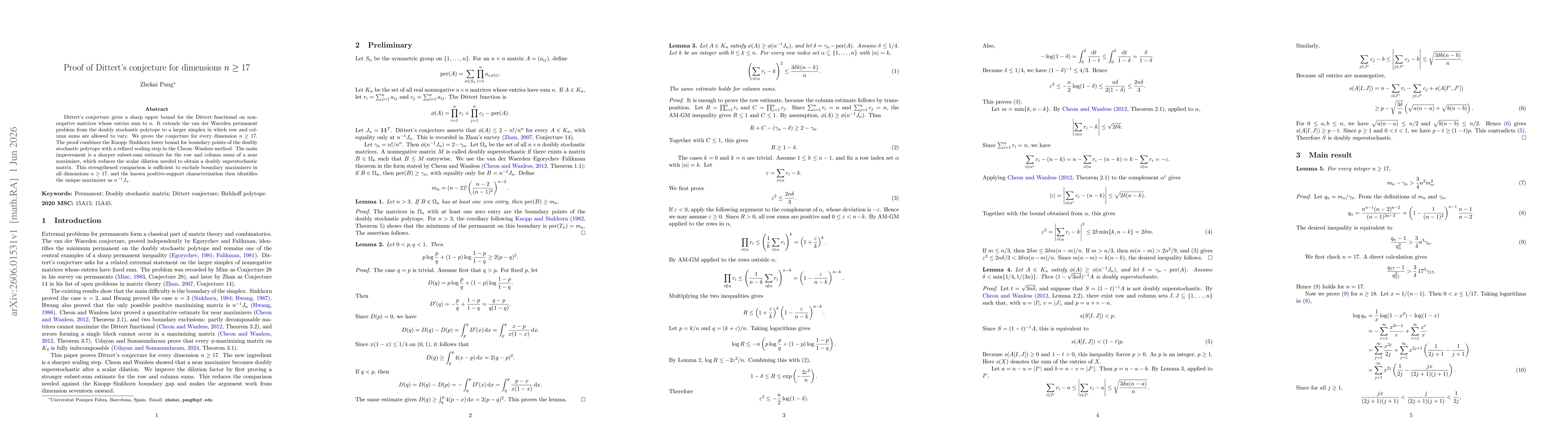 Thumbnail for Proof of Dittert's conjecture for dimensions \texorpdfstring{\(n\ge 17\)}{n >= 17}