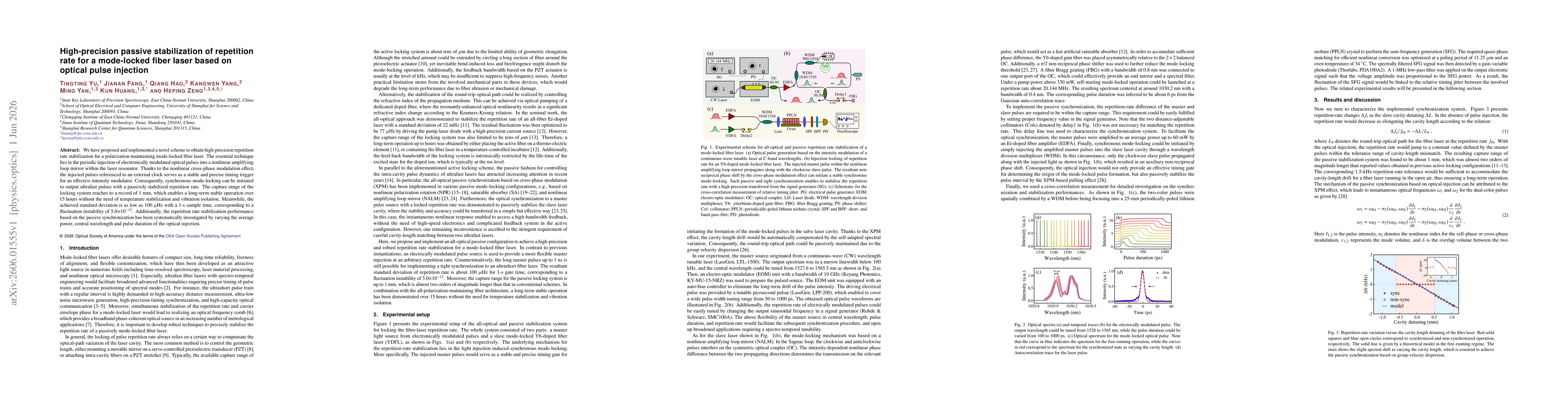 Thumbnail for High-precision passive stabilization of repetition rate for a mode-locked fiber laser based on optical pulse injection