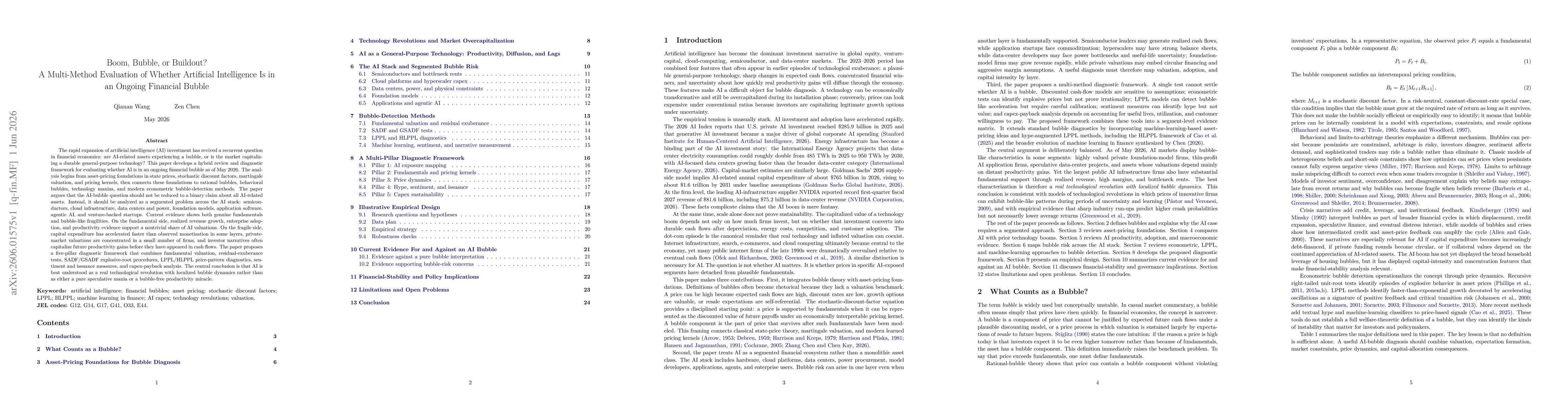 Thumbnail for Boom, Bubble, or Buildout? A Multi-Method Evaluation of Whether Artificial Intelligence Is in an Ongoing Financial Bubble