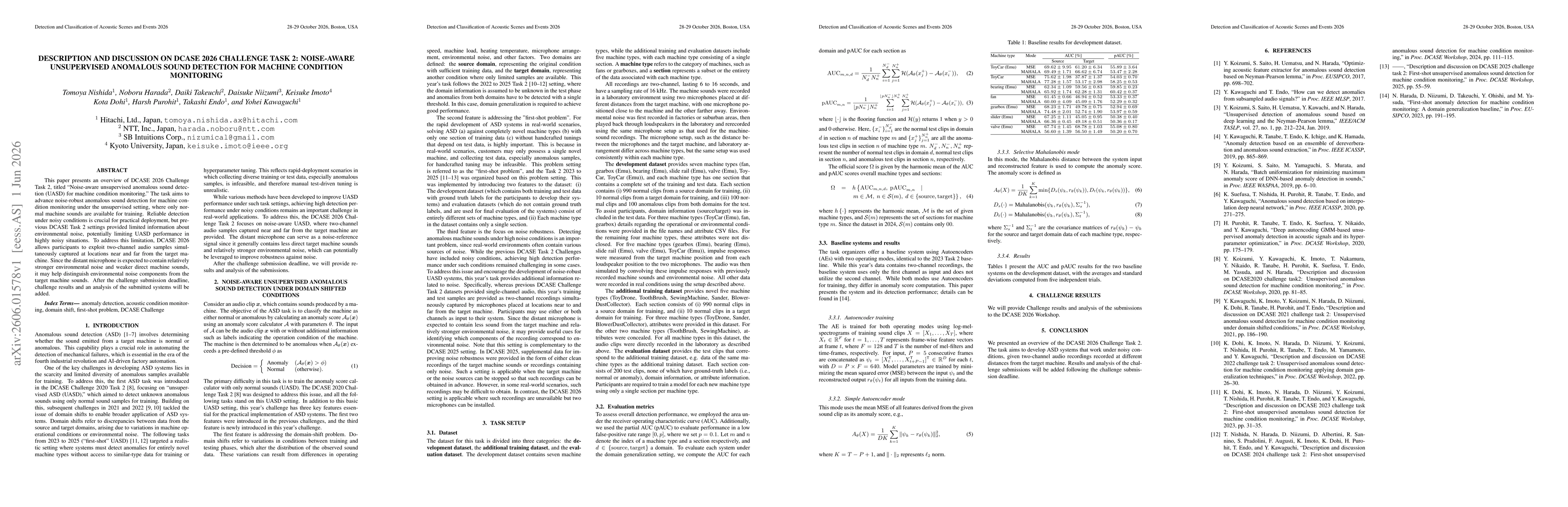 Thumbnail for Description and Discussion on DCASE 2026 Challenge Task 2: Noise-aware Unsupervised Anomalous Sound Detection for Machine Condition Monitoring