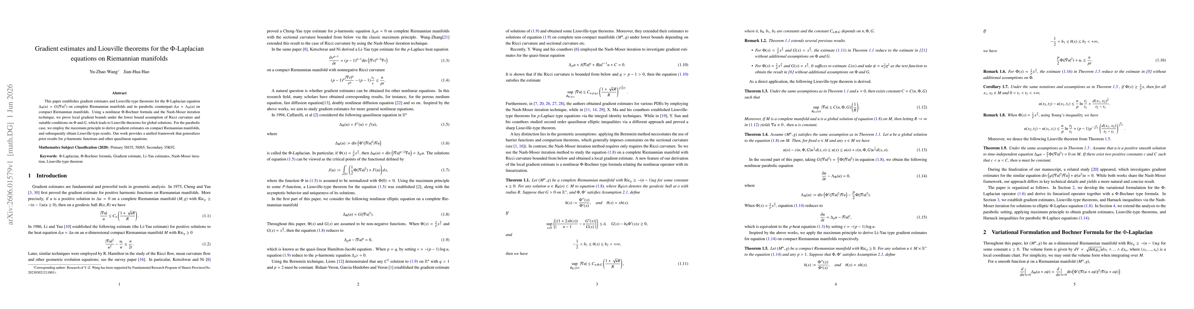 Thumbnail for Gradient estimates and Liouville theorems for the \(Φ\)-Laplacian equations on Riemannian manifolds