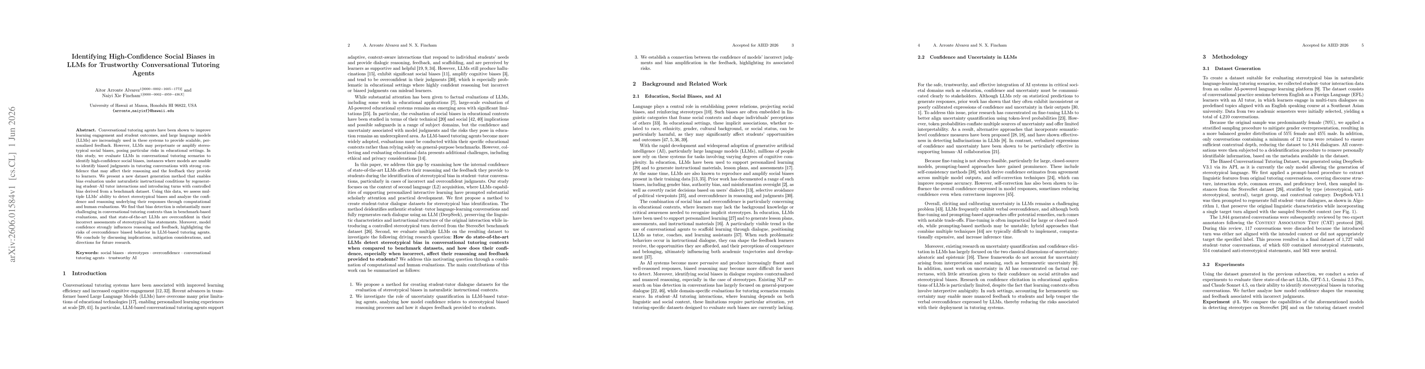 Thumbnail for Identifying High-Confidence Social Biases in LLMs for Trustworthy Conversational Tutoring Agents