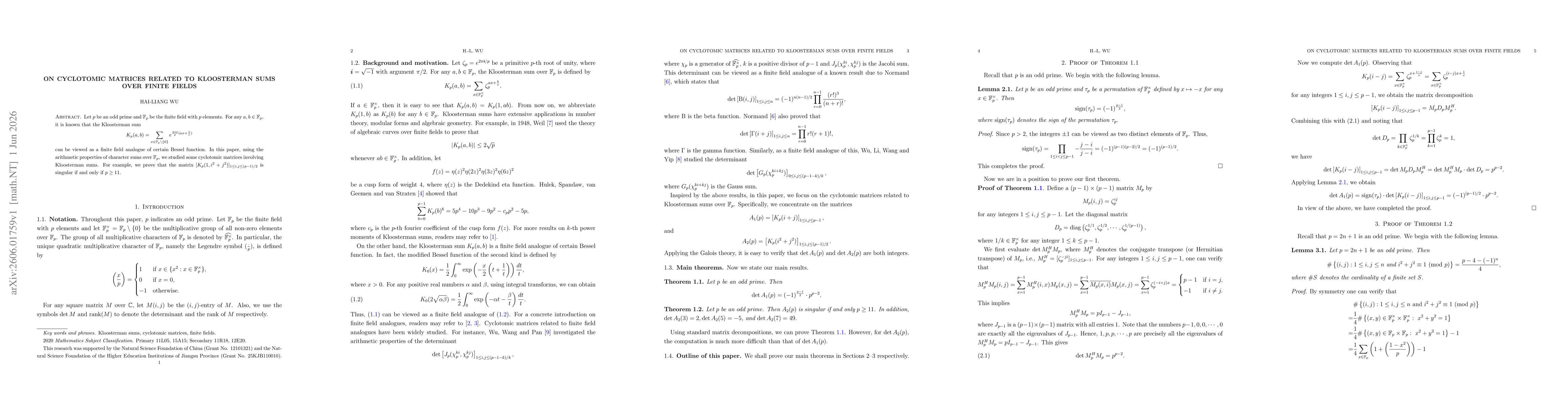 Thumbnail for On cyclotomic matrices related to Kloosterman sums over finite fields