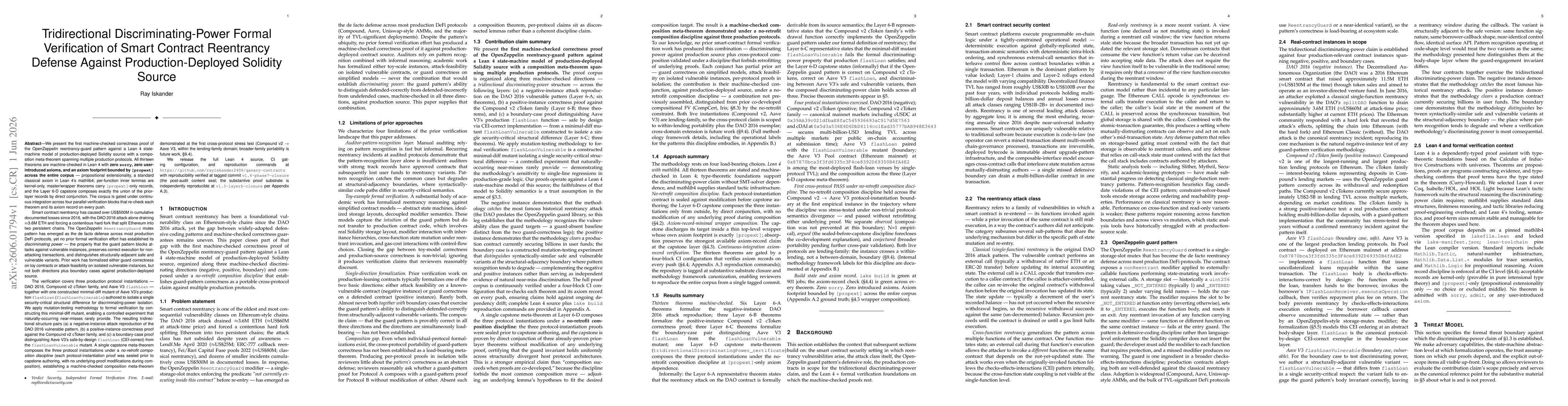 Thumbnail for Tridirectional Discriminating-Power Formal Verification of Smart Contract Reentrancy Defense Against Production-Deployed Solidity Source