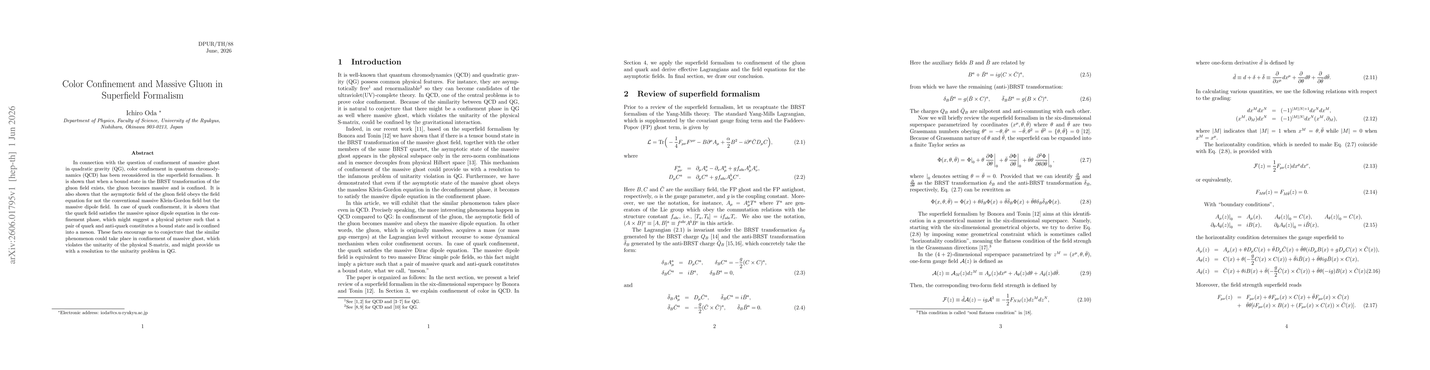Thumbnail for Color Confinement and Massive Gluon in Superfield Formalism