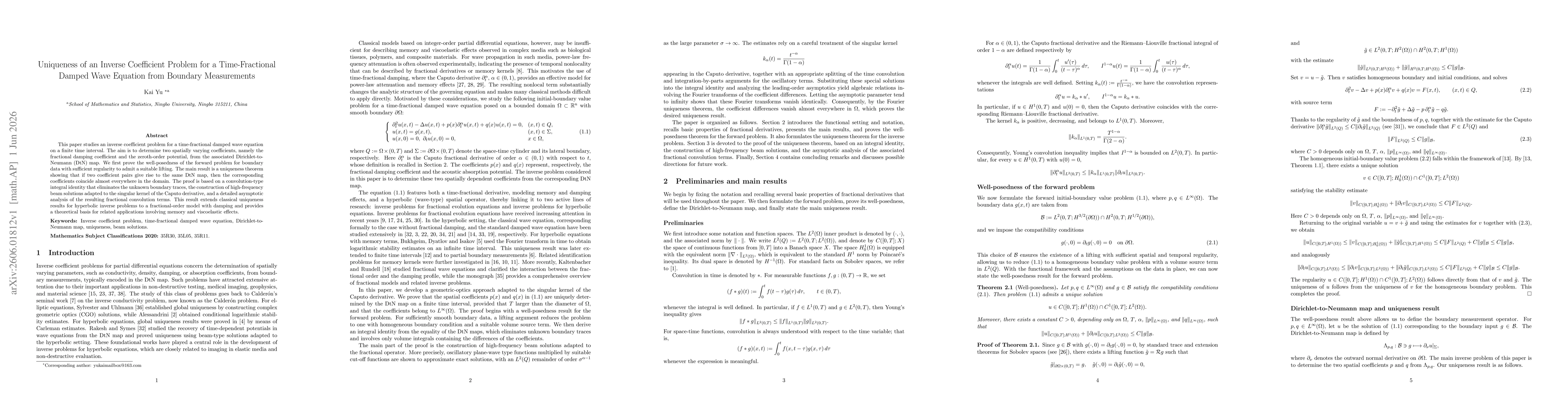 Thumbnail for Uniqueness of an Inverse Coefficient Problem for a Time-Fractional Damped Wave Equation from Boundary Measurements