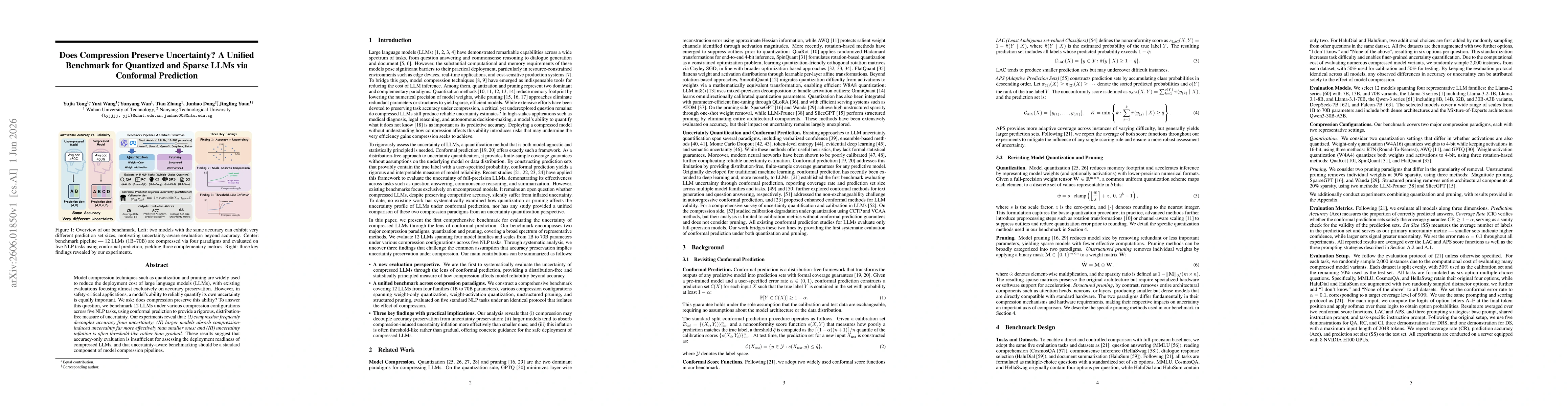 Thumbnail for Does Compression Preserve Uncertainty? A Unified Benchmark for Quantized and Sparse LLMs via Conformal Prediction
