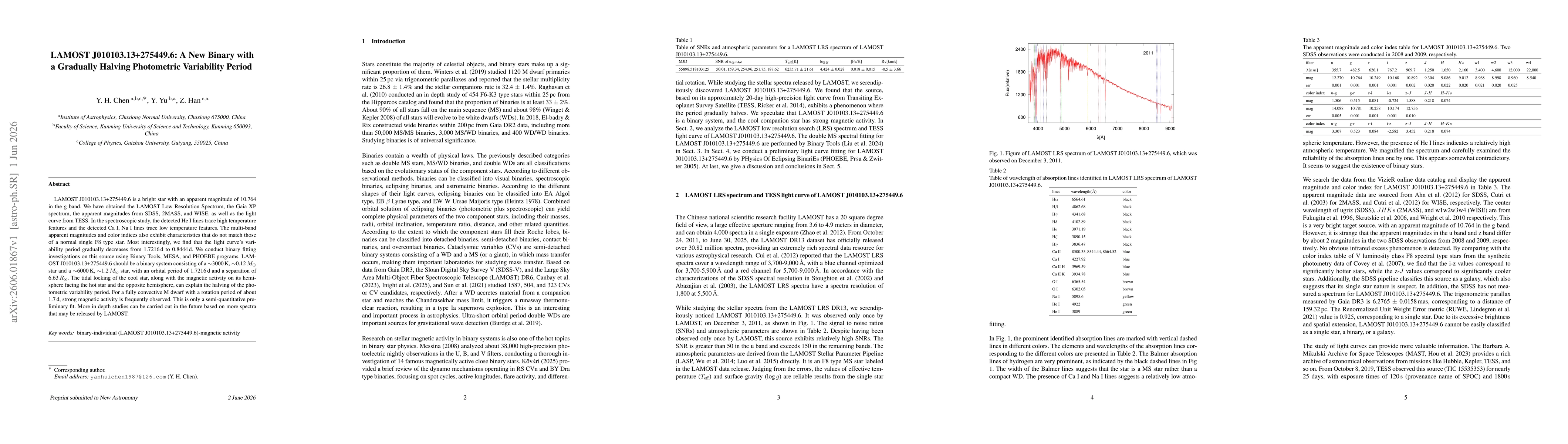 Thumbnail for LAMOST J010103.13+275449.6: A New Binary with a Gradually Halving Photometric Variability Period