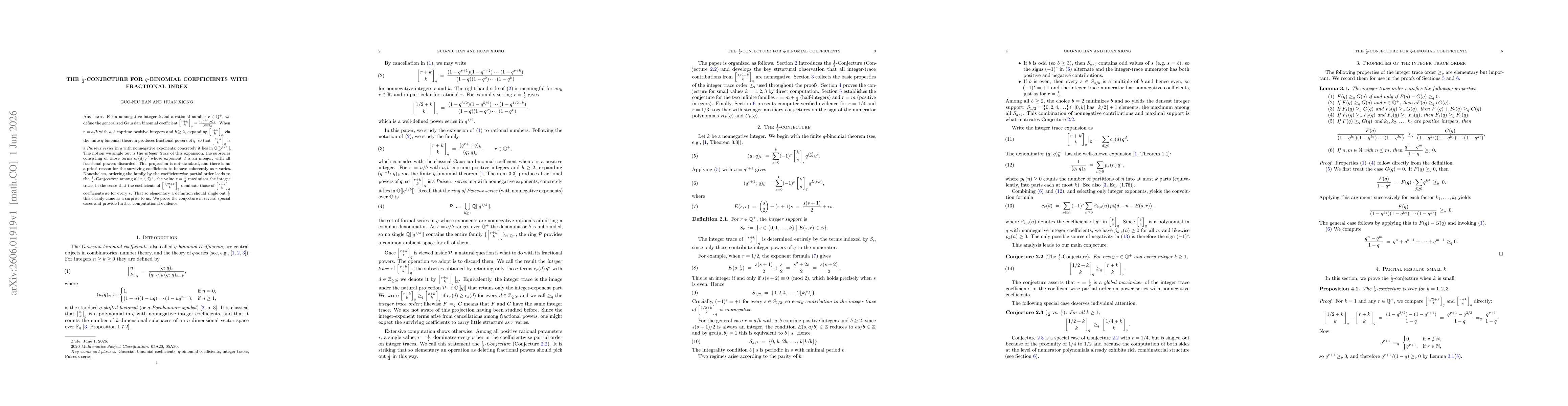 Thumbnail for The 1/2-Conjecture for $q$-Binomial Coefficients with Fractional Index