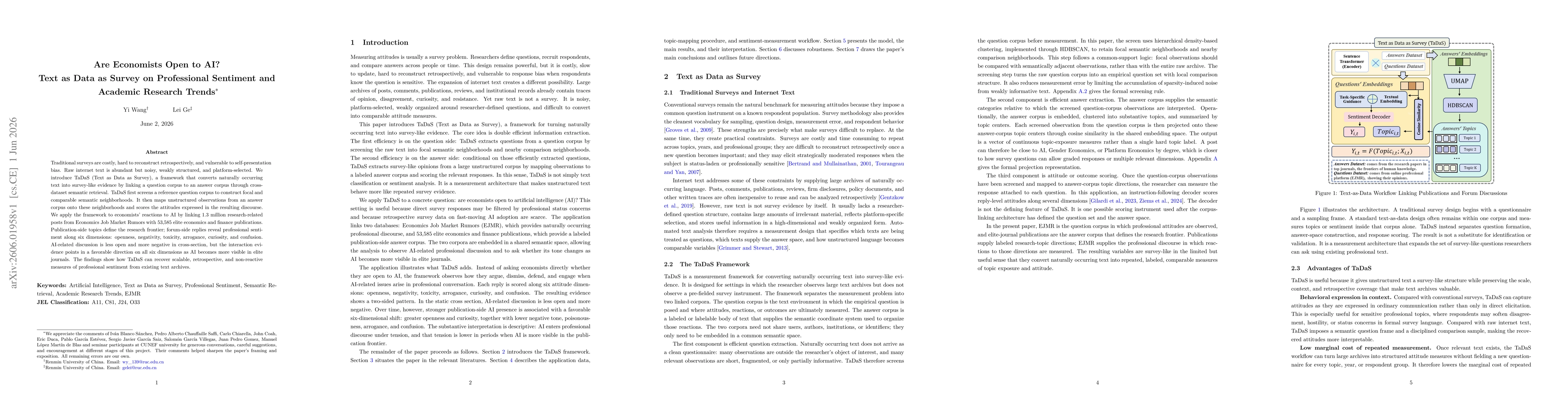 Thumbnail for Are Economists Open to AI? Text as Data as Survey on Professional Sentiment and Academic Research Trends