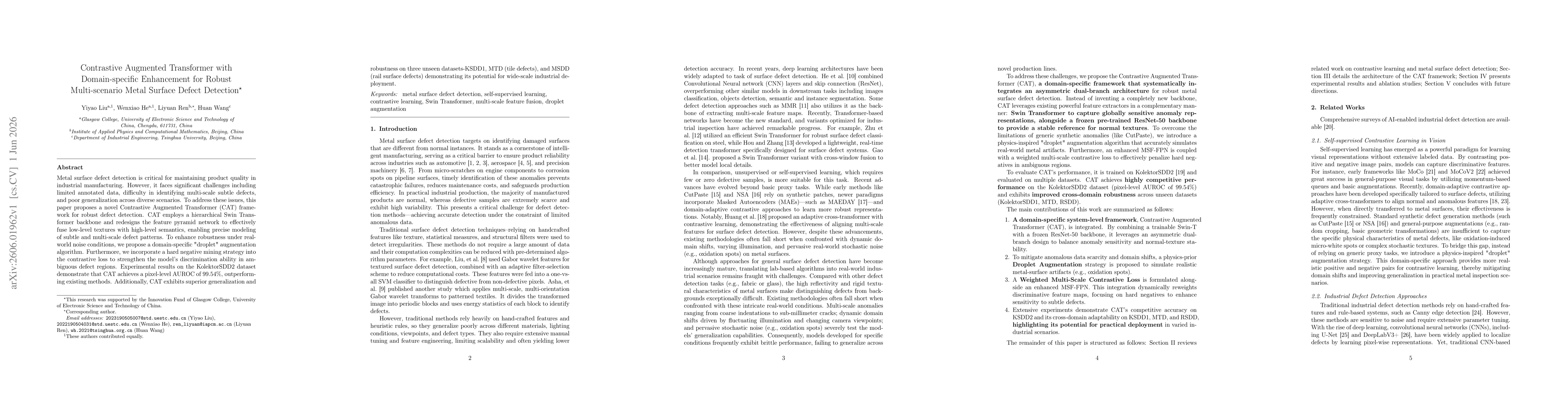 Thumbnail for Contrastive Augmented Transformer with Domain-specific Enhancement for Robust Multi-scenario Metal Surface Defect Detection