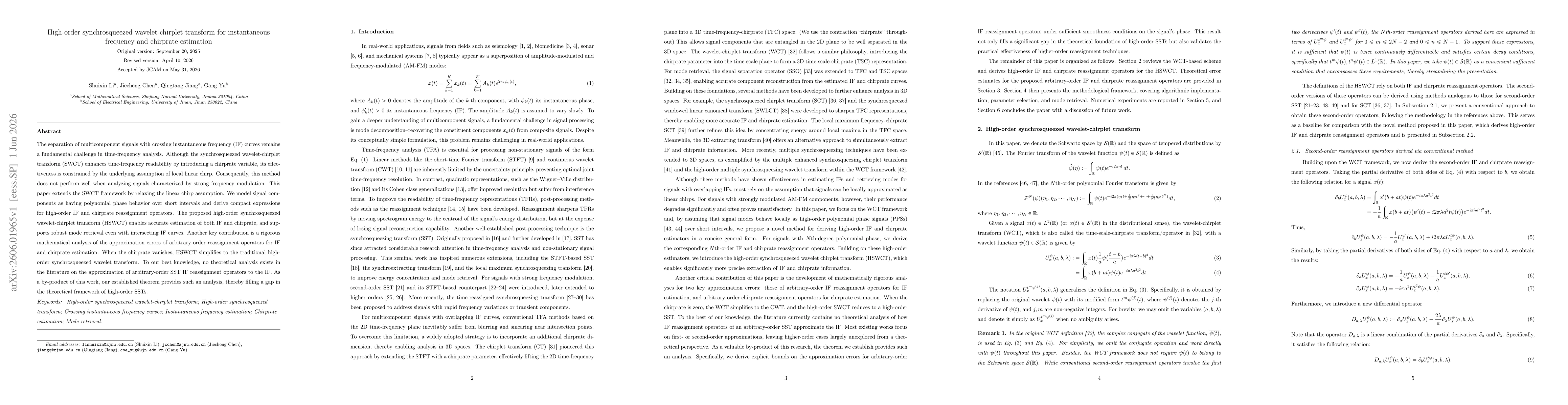 Thumbnail for High-order synchrosqueezed wavelet-chirplet transform for instantaneous frequency and chirprate estimation