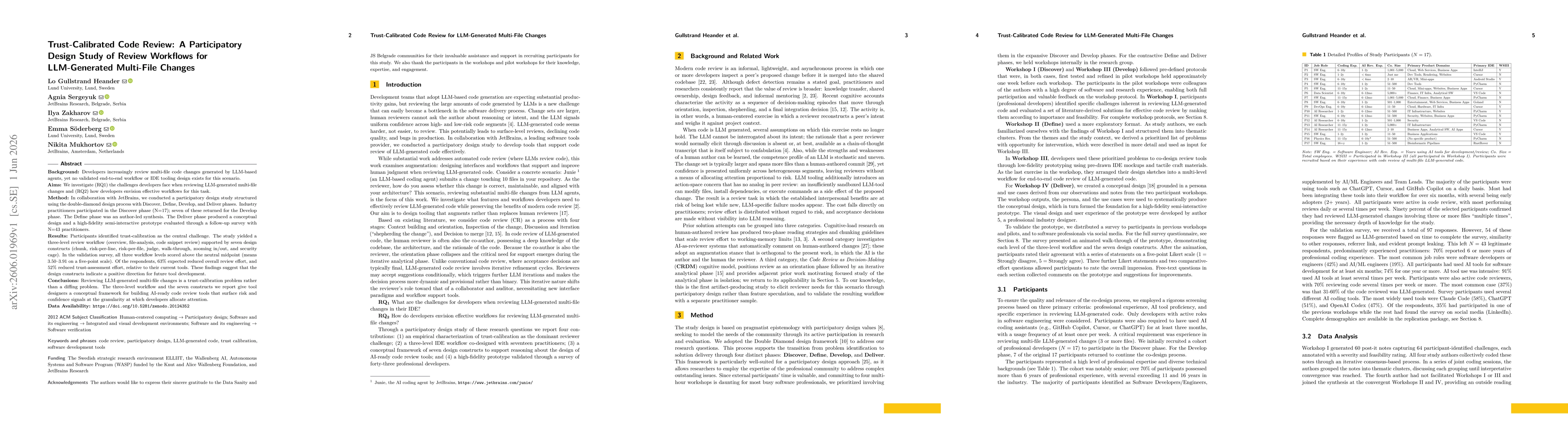 Thumbnail for Trust-Calibrated Code Review: A Participatory Design Study of Review Workflows for LLM-Generated Multi-File Changes