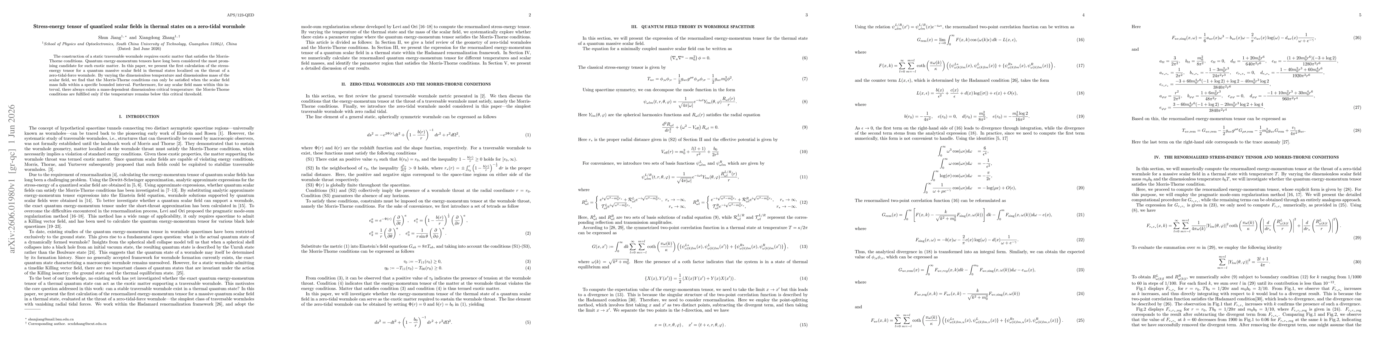 Thumbnail for Stress-energy tensor of quantized scalar fields in thermal states on a zero-tidal wormhole