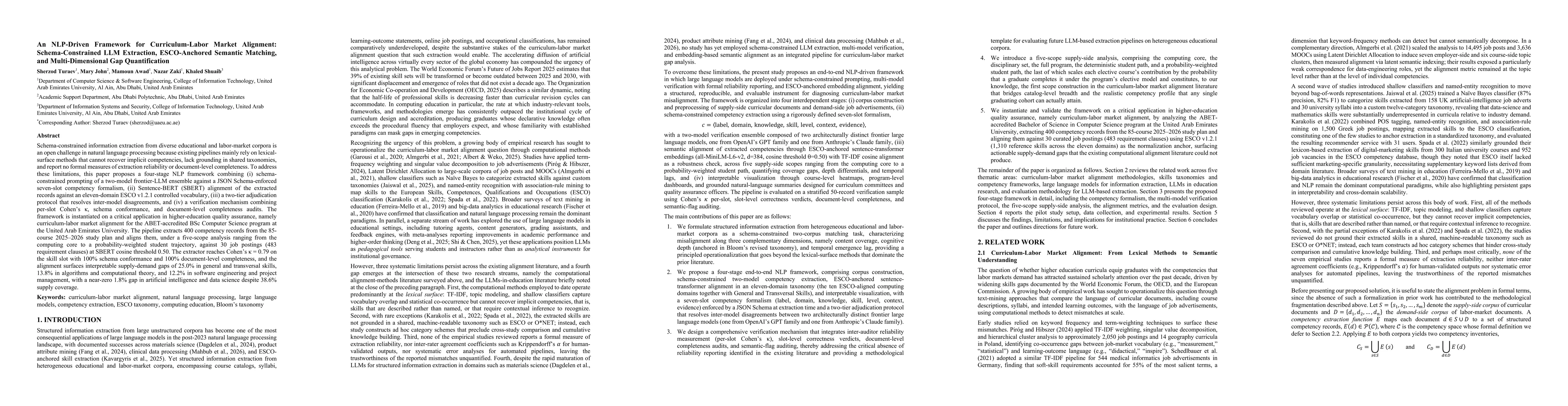 Thumbnail for An NLP-Driven Framework for Curriculum-Labor Market Alignment: Schema-Constrained LLM Extraction, ESCO-Anchored Semantic Matching, and Multi-Dimensional Gap Quantification