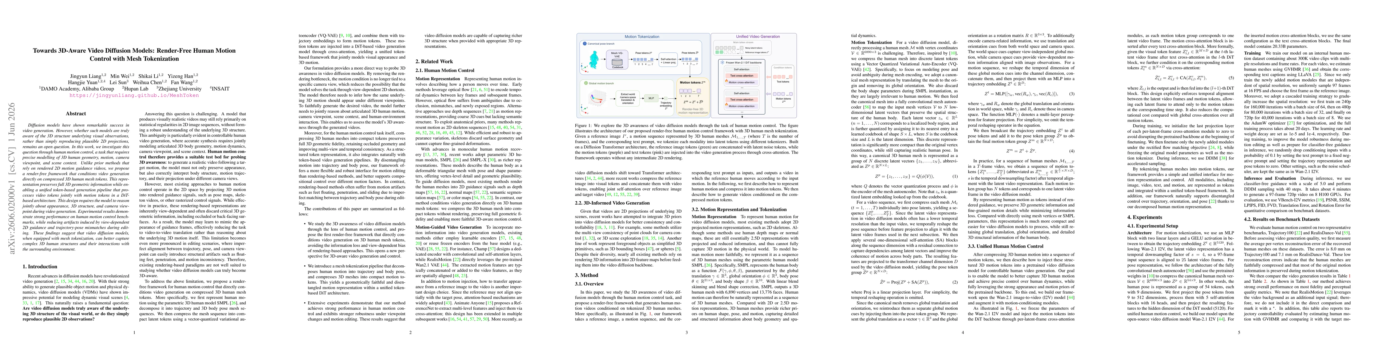 Thumbnail for Towards 3D-Aware Video Diffusion Models: Render-Free Human Motion Control with Mesh Tokenization