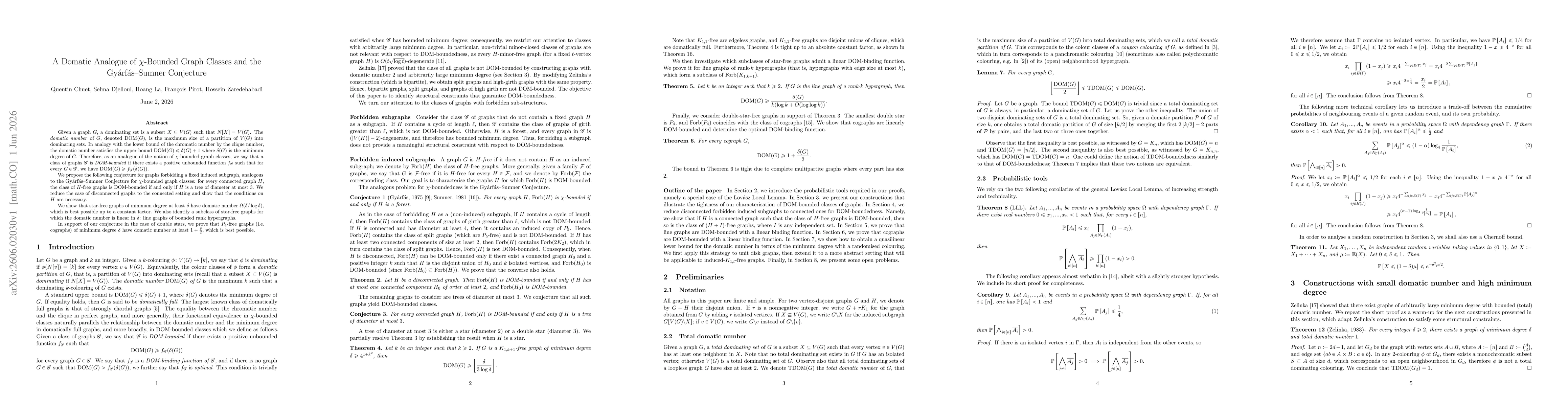 Thumbnail for A Domatic Analogue of $χ$-Bounded Graph Classes and the Gyárfás-Sumner Conjecture
