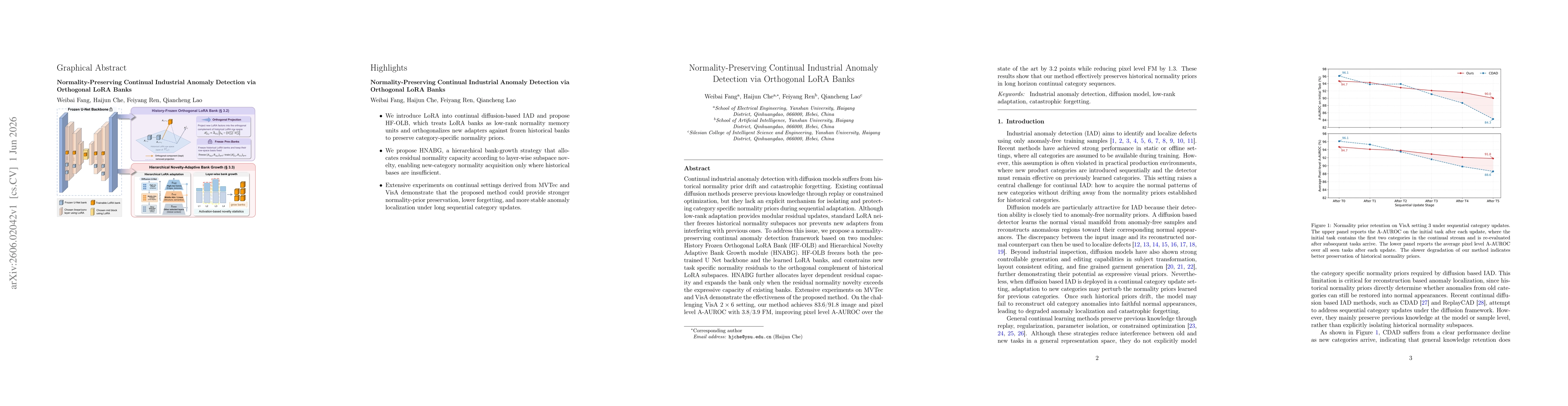 Thumbnail for Normality-Preserving Continual Industrial Anomaly Detection via Orthogonal LoRA Banks