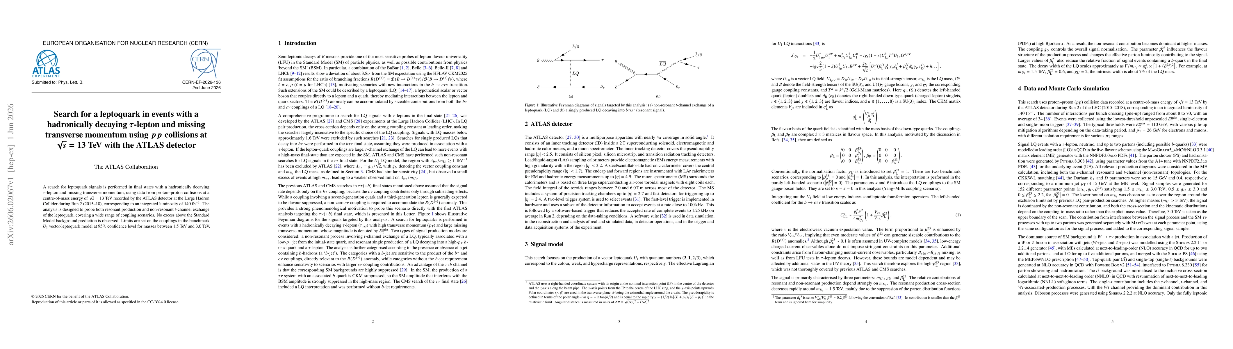 Thumbnail for Search for a leptoquark in events with a hadronically decaying $τ$-lepton and missing transverse momentum using $pp$ collisions at $\sqrt{s}=13$ TeV with the ATLAS detector