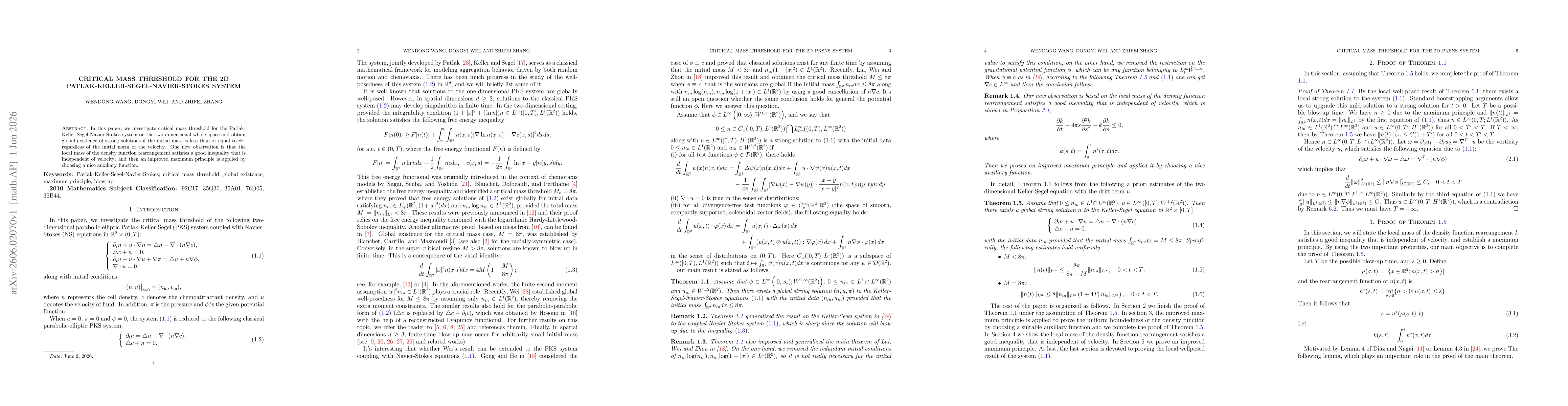 Thumbnail for Critical mass threshold for the 2D Patlak-Keller-Segel-Navier-Stokes system