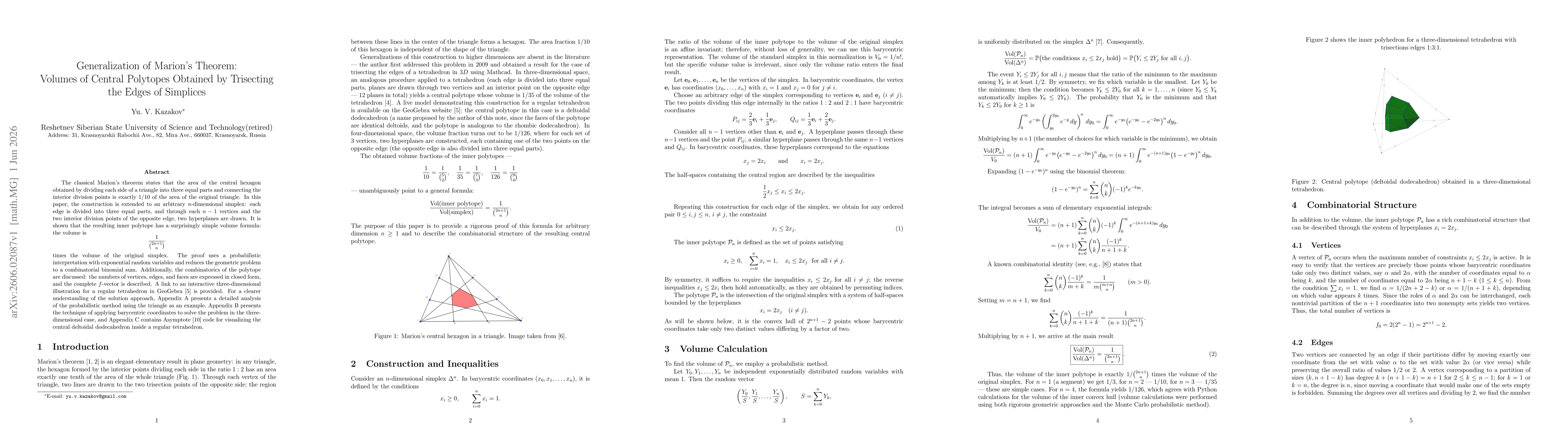 Thumbnail for Generalization of Marion's Theorem: Volumes of Central Polytopes Obtained by Trisecting the Edges of Simplices