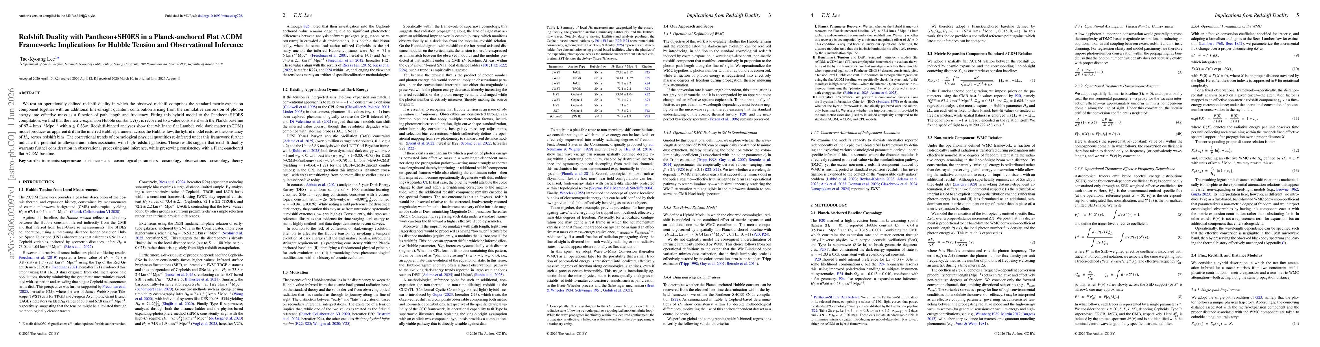 Thumbnail for Redshift Duality with Pantheon+SH0ES in a Planck-anchored Flat $Λ$CDM Framework: Implications for Hubble Tension and Observational Inference