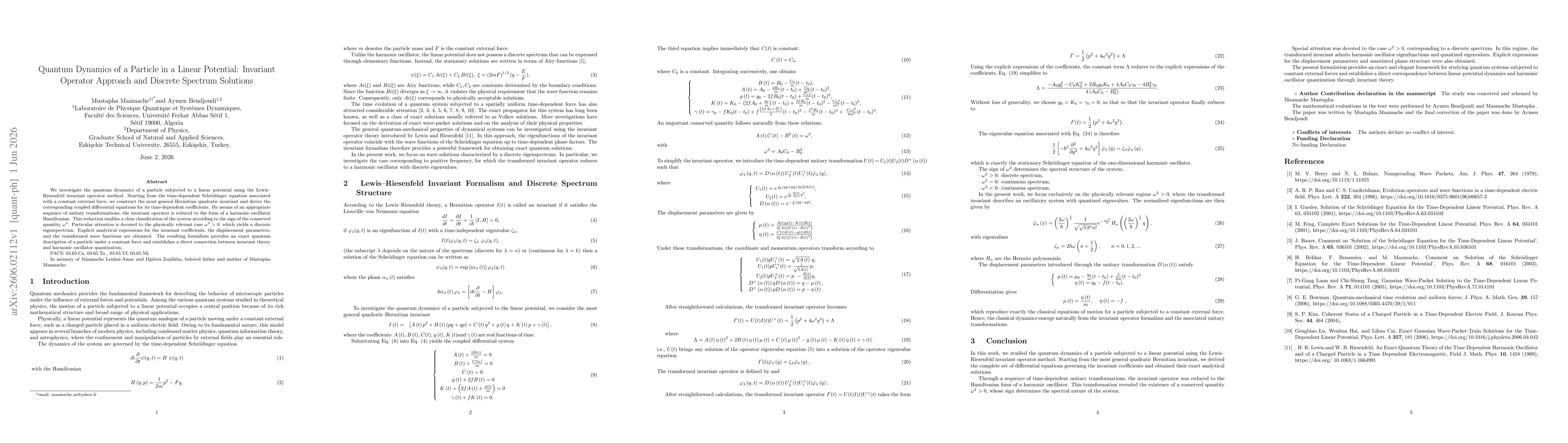 Thumbnail for Quantum Dynamics of a Particle in a Linear Potential: Invariant Operator Approach and Discrete Spectrum Solutions