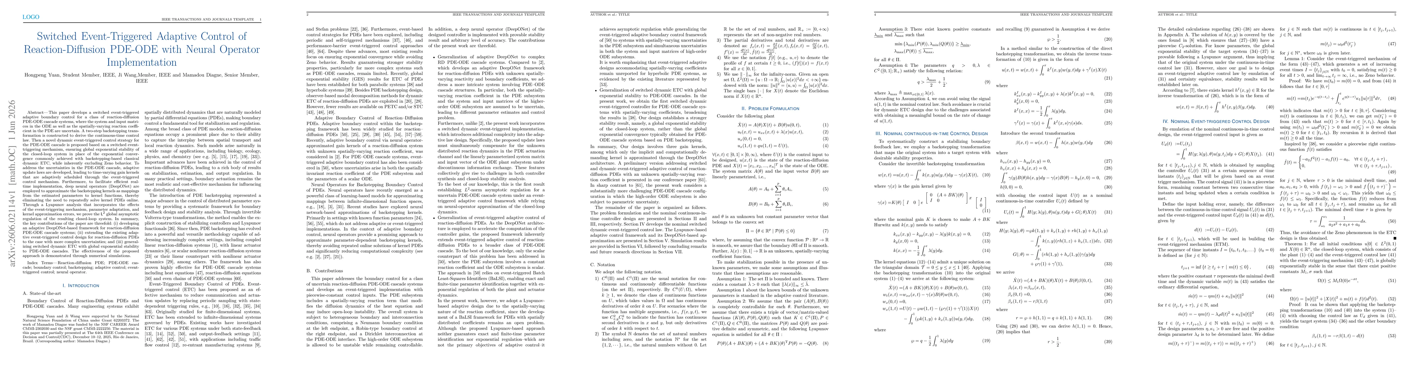 Thumbnail for Switched Event-Triggered Adaptive Control of Reaction-Diffusion PDE-ODE with Neural Operator Implementation