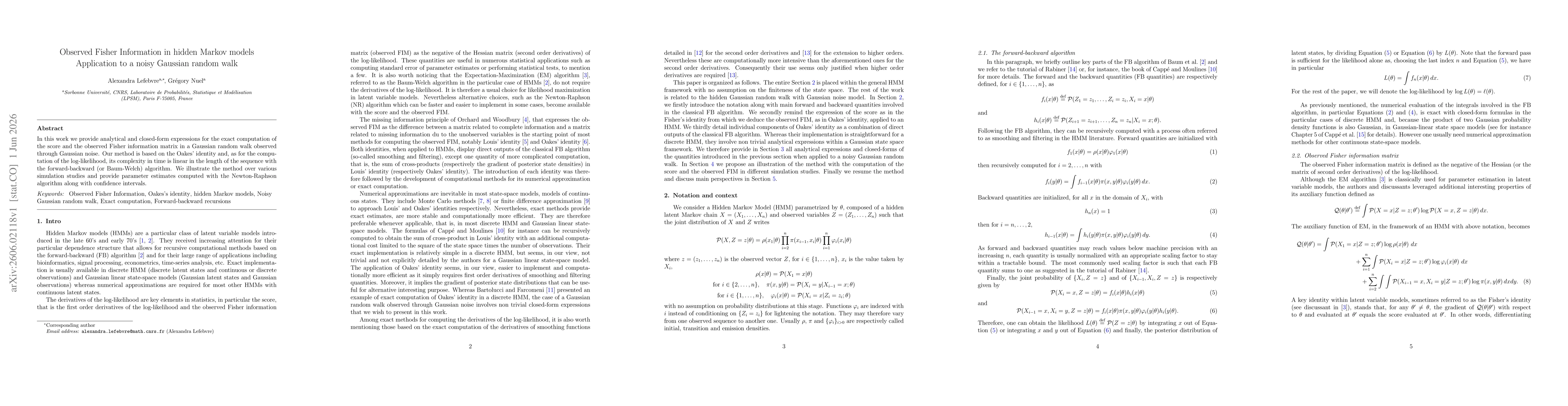 Thumbnail for Observed Fisher Information in hidden Markov models - Application to a noisy Gaussian random walk