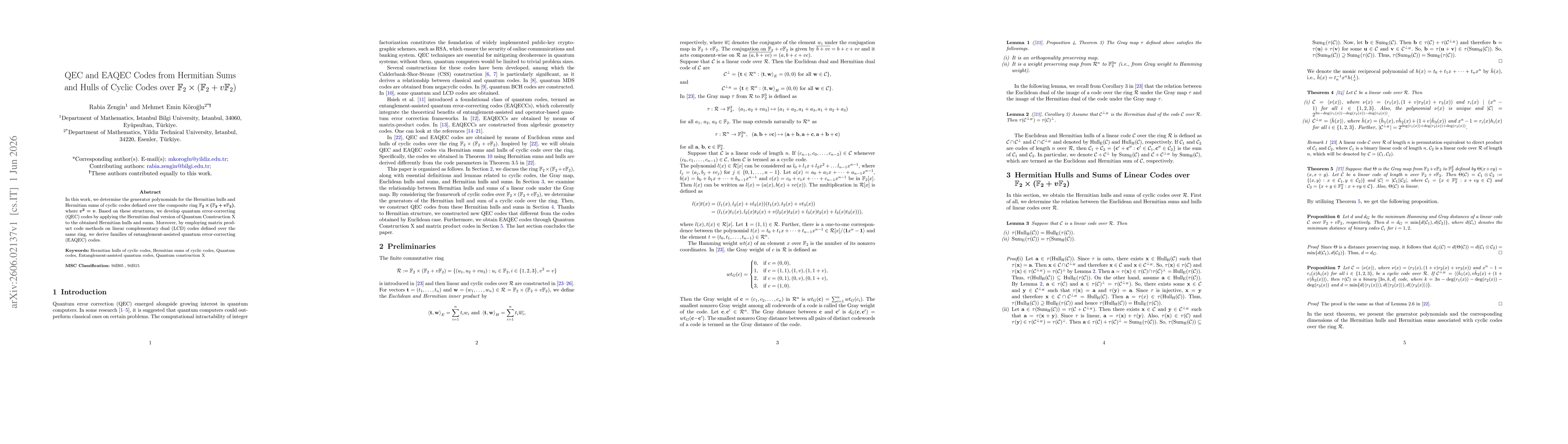 Thumbnail for QEC and EAQEC Codes from Hermitian Sums and Hulls of Cyclic Codes over $\mathbb{F}_2 \times (\mathbb{F}_2+v\mathbb{F}_2)$