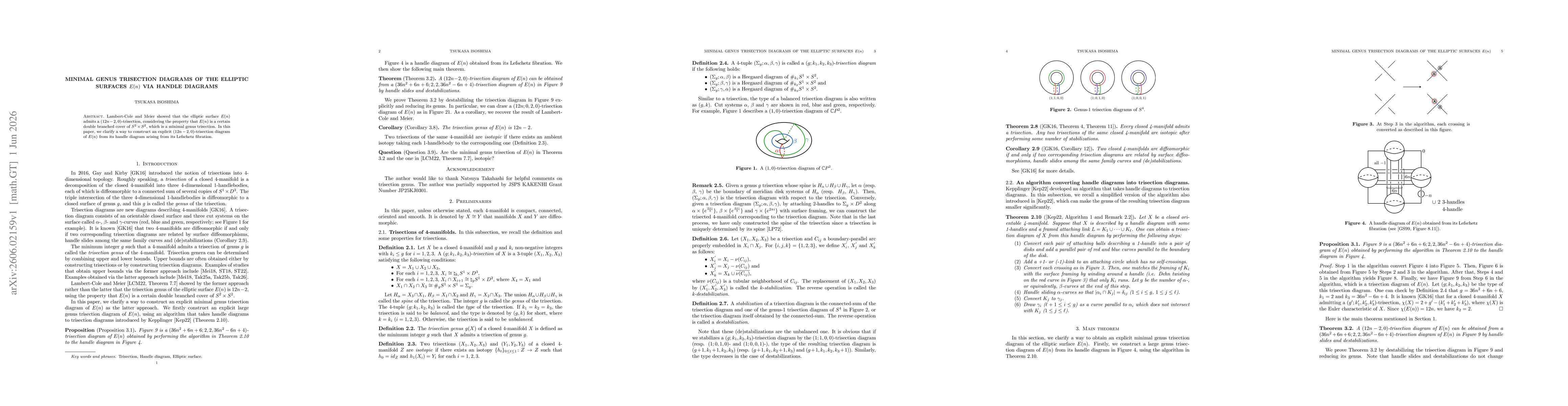 Thumbnail for Minimal genus trisection diagrams of the elliptic surfaces $E(n)$ via handle diagrams
