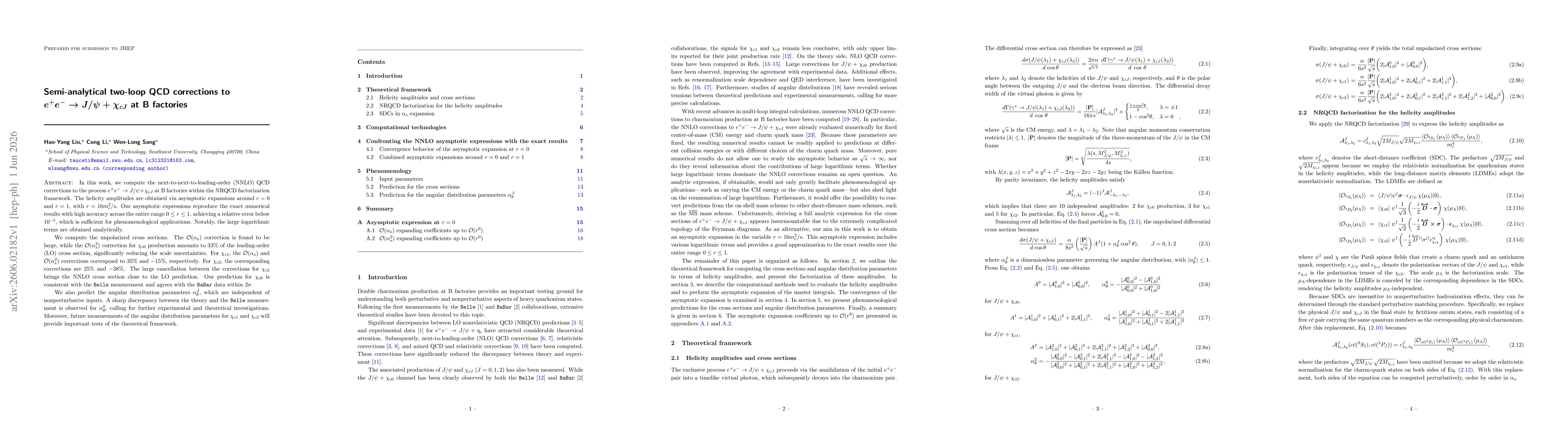 Thumbnail for Semi-analytical two-loop QCD corrections to $e^+e^-\to J/ψ+χ_{cJ}$ at B factories