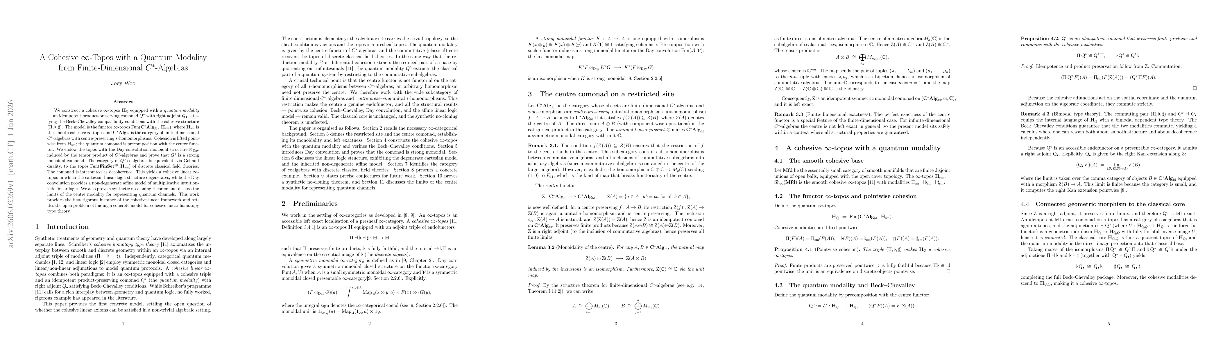 Thumbnail for A Cohesive $\infty$-Topos with a Quantum Modality from Finite-Dimensional $C^{*}$-Algebras