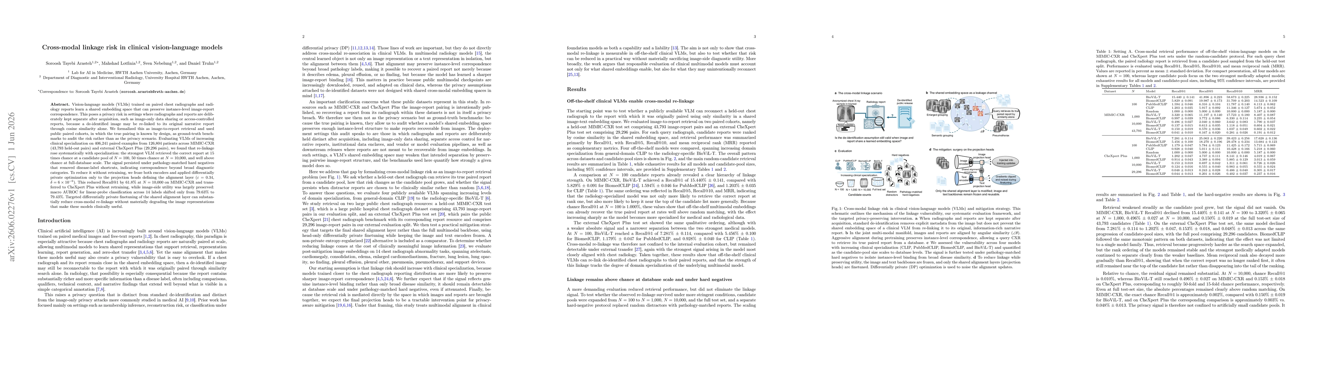 Thumbnail for Cross-modal linkage risk in clinical vision-language models