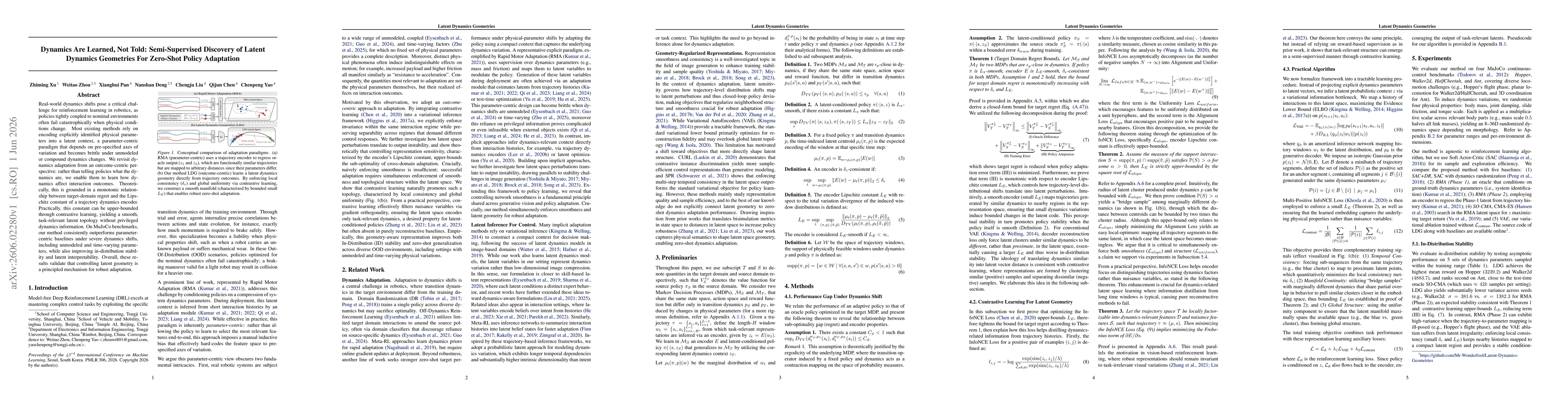 Thumbnail for Dynamics Are Learned, Not Told: Semi-Supervised Discovery of Latent Dynamics Geometries For Zero-Shot Policy Adaptation