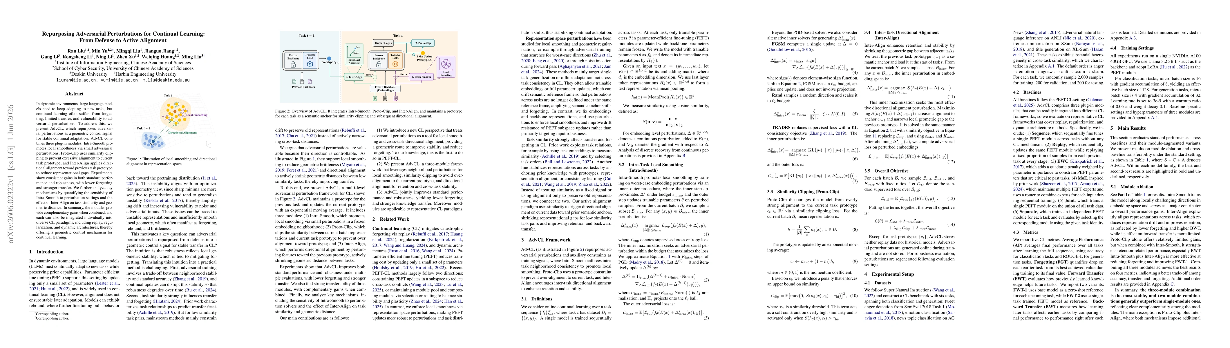 Thumbnail for Repurposing Adversarial Perturbations for Continual Learning: From Defense to Active Alignment