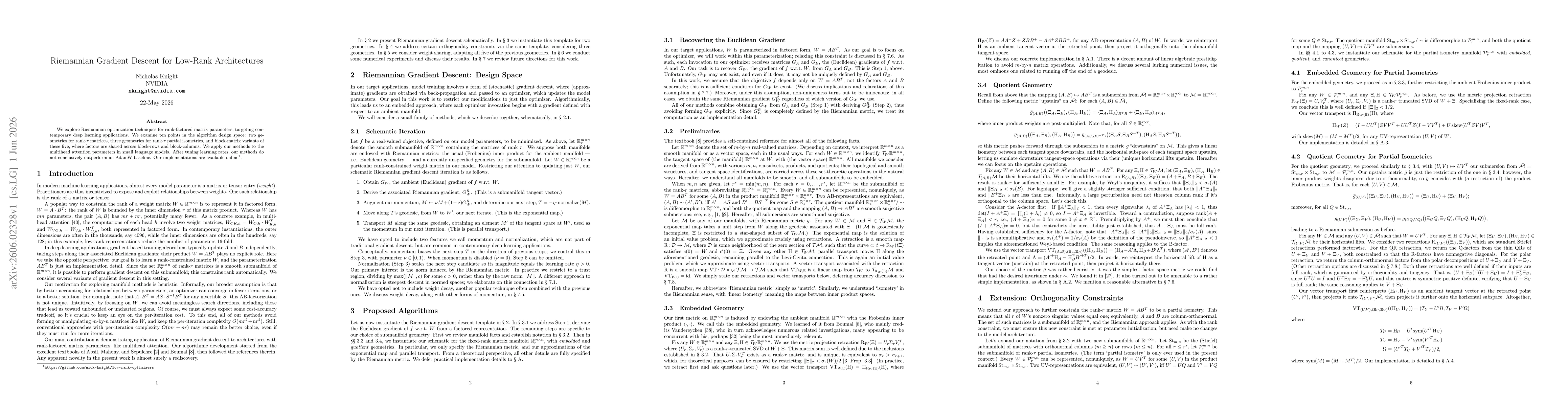 Thumbnail for Riemannian Gradient Descent for Low-Rank Architectures