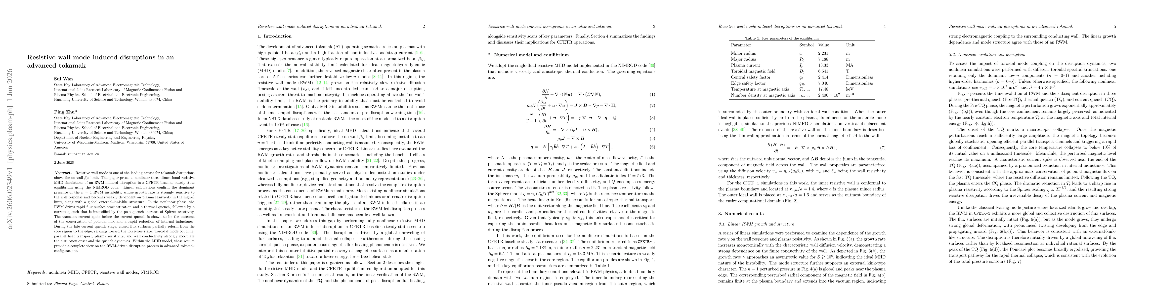 Thumbnail for Resistive wall mode induced disruptions in an advanced tokamak